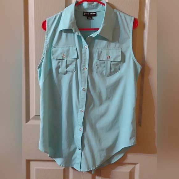 Stacey Summers Blue Size Large Sleeveless Collared Button Up Shirt Blouse Top - Picture 3 of 7